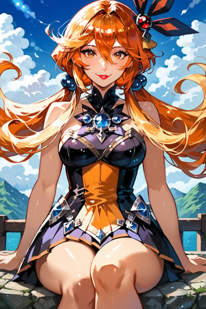 2d, traditional media,  mature female,  beautiful,  anime visual,  ultra-detailed upper body 1girl, low twintails, (avatar icon), cinematic,  beautiful, sitting, nail polish,  shiny, smile,  blonde hair, shiny,  jewelry, hair between eyes, magical girl,  single doughut hair bun, light smile, hair ornament, blue and orange theme,nail polish, lipstick, (mature female), red hair, hanfu, cloud, striped, long sidelocks, 1girl,  avatar icon,  (stylish),  game character concept,  jrpg,  800mm lens,  sharp focus,  bow,  depth of field, volumetric lighting,  sugar_rune,more detail XL,glitter,c0raline_style,Expressiveh