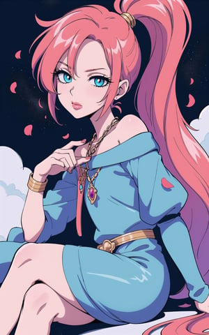 (Masterpiece,  Best Quality), top quality, highly detailed, (8k resolution), (ultra-detailed portrait), upper body, (official alternate costume:1.4), bloom, outline, soft aura, limited palette, deep colors, rich colors, spot color, (intricate details), monochrome, vibrant, (highly detailed), mature female, adult, half-closed eyes, soft makeup, ink_(medium), (long face:1.2), (thick lineart:1.2), (blue and white theme:1.3), beautiful, (detailed face, detailed eyes, deep eyes:1.2), (gradient eyes), copper hair, reflective hair, armlet, curvy, beautiful female figure, mature female, jewelry, head adornment, gold chain, waist chain, jacket, off shoulder,long hair, low ponytail, (long face, full lips), dynamic pose, cocktail dress, looking at viewer, sitting, lying, on side, hand on own hip, perfect hands, nail polish, crossed legs, eye trail, glowing, dark room, studio lighting, sky, cloud, (shiny), floating, atmosphere, misty, no humans, day, halation, sunlight,] (intricate details:1.2), day, (volumetric lighting, soft lighting:1.1), multicolored theme, (clouds, cloud, surrounded by clouds), bloom, windy, petals, surreal, (fantasy:1.1), eugene_volkan,sugar_rune