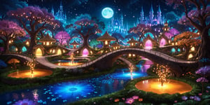 (best quality, masterpiece:1.3), high fantasy, c0raline_style,  (stop motion), alien architecture, colorful, (cinematic), stylish, focus, dreamy, extremely detailed and dynamic, (hyperrealistic, photoreal:1.1), cg unity wallpaper, fairy village, shimmer, glowing, high contrast, enchanted forest, disney, uhdr, full angle view, bloom, twisted tree, dynamic lighting, volumetric, deep depth of field:1.3), bokeh, expressive, intricate design, pond, moon bridge, atmosphere, sugar, glitter, floating particles, dark, field, outdoors, nature, sky, grass, more detail XL,madgod,Movie Still,l0dbg,sweetscape