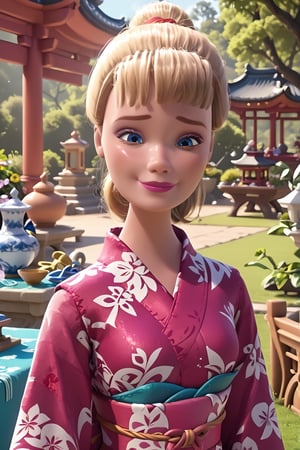 Score_9, Score_8_Up, Score_7_Up,  (Masterpiece), (insaneres), intricate details, (hyperdetailed, ts_barbie in the style of pixar, 3d, solo, (hyperrealistic), cowboy shot, grass, bloom, kimono, shiny, obi, lipstick, (blue eyes:1.1), expressive, elegant posture, closed mouth, light smile, (shiny_skin, plastic_skin:1.2), outdoors, garden, east asian architecture, (volumetric, natural lighting:1.2), nature, beautiful