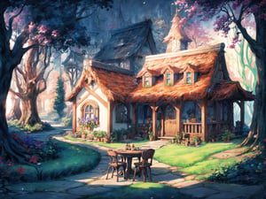 (Masterpiece, Best Quality:1.3), insaneres, top quality, (8k resolution wallpaper), (extremely detailed), 2d, (faux traditional media), manga, illustration, (fantasy), thick lineart, outline, sugar_rune, animal, personification, flower, bar, stool, (no humans), overgrowth, (small details:1.2), fairytale, wonder, dreamy, outdoors, leaves, (nature), (deep depth of field), 85mm, hyperrealistic, film grain, dynamic, surreal, architecture, miniature, (garden, valley, river, brook), fantasy realm, shadow, blurry foreground, path, seaside, beautiful, fantastic landscape, (intricate details), mystical, (natural lighting:1.1), country cottage, cozy, min waterfall, bloom, (smooth, rounded corners), white vignetting, (volumetric lighting:1.3), best shadow,ISO_SHOP