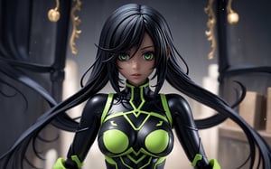 centered, digital art, upper body, (beautiful detailed eyes:1.2), | solo, ebony woman, wearing the black and purple cybernetic armor with green parts of Space Woman, tight bodysuit, black hair, dreadlock hair, emerald eyes, muscular proportions, | in a dungeon made all of metal, | bokeh , depth of field