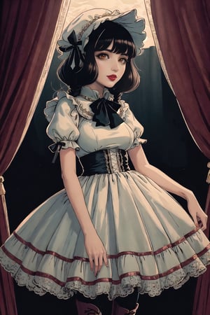 (Masterpiece, Best Quality:1.3), insaneres, (8k resolution), (centered), digital illustration, (outline, thick lineart), frilled collar, doll dress, bonnet, glowing, black eyes, soft, soft lighting, black hair, hair bow, full angle view, bloom, shadow, (faux traditional media:1.3), long bangs, (detailed eyes, perfect face), jewelry, beaded curtain, colorful,  sidelocks, looking at viewer, large breasts, ascot, (multicolored theme:1.2), frilled collar, single braid, doll dress, knee-high stockings, giggling, magical girl,sugar_rune,fodress,1 girl