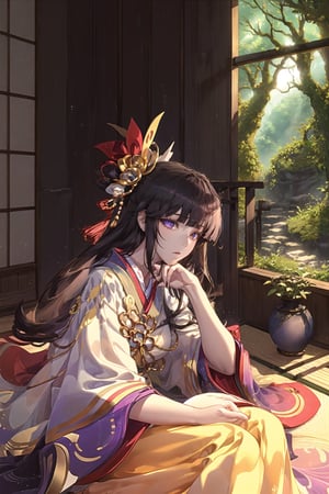 (Masterpiece), (highres), 8k, hyperdetailed, deep depth of field, motion blur, 0kazu, unique character concept, hyperrealistc, stunning artwork, finely crafted, human furniture, close-up, extremely detailed background. ancient Japan, Heian, hypnotizing purple eyes, mature female,(Karaginu Mo), very long hair, straight hair, perfect female figure, black hair, garden, hime cut, blunt bangs,  hair ornament, gorgeous, bloom, shadow, nature, overgrown,  fantasy, glowing, traditional, tatami, sitting,  feet out of frame,  serene, Japanese architecture, (indoors), scenery,1 girl, atmospheric