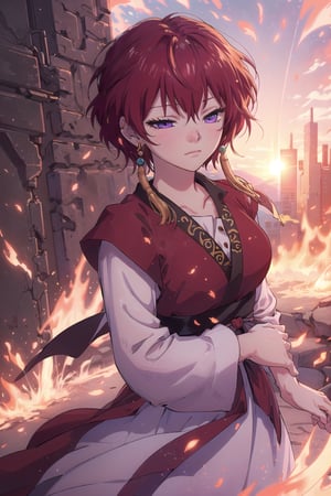(masterpiece, best quality:1.3), insaneres, top quality, 8k, highly detailed, ultra-detailed. cowboy shot, yona1, detailed face, perfect face, detailed eyes, red hair, purple eyes, tearing up, half-closed eyes, sad, closed mouth, (tanlin ruqun, banbi, tassel earrings:1.1), surrounded by flames and nature, beautiful, sharp focus, gorgeous, perfect composition, bloom, sky, embers, golden hour, sunrise, scenery, (extremely detailed background), intricate details, dynamic, dynamic pose, 1 girl, (volumetric lighting:1.1), best shadow