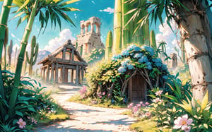 (Masterpiece, Best Quality:1.3), insaneres, 8k, highly detailed, top quality, ultra-detailed, 2d, (faux traditional media:1.3), manga, digital illustration, fantasy, thick lineart, outline, flower, (desert:1.3), gorgeous view, bamboo forest, zen, (paradise), greek, shimmer, overgrowth, blue sky, (cloud), volumetric lighting, fairytale, wonder, dreamy, outdoors, nature, greek architecture, (extremely detailed background:1.2), 85mm, hyperrealistic, film grain, colorful, ancient ruins, (shadow), blurry foreground, (intricate details), mystical, (natural lighting:1.1), cozy, bloom, (deep depth of field:1.3), (floating islands in the distrance)