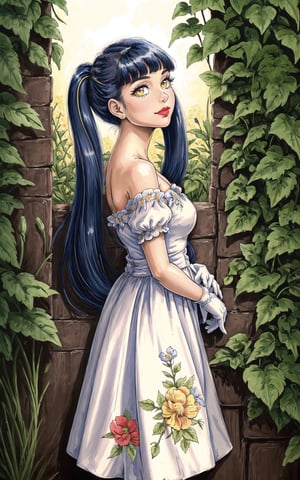 (Masterpiece), (highres), 8k, (traditional media:1.2), manga, digital illustration, 2d,  retro artstyle, (ultra-detailed portrait of a girl in a doll dress in a garden, floral print, beautiful, police uniform, leaning against wall, gloves, colorful, extremely detailed, detailed face, lipstick, twintails, dark blue hair, yellow eyes, from below, from side, looking back, looking at viewer, stylish, expressive, smirk, smug,,mature female, looking to the side, shoulder cape, cool, aged up, officer, intricate watch, head tilt, looking at viewer, v arms,  cowboy shot, fully clothed, (8k resolution)