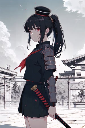 (Masterpiece, Best Quality:1.3), absurdres, (8k resolution), full body, full angle view, illustration, 1girl, solo, long hair, looking at viewer, skirt, shirt, black hair, red eyes, long sleeves, hat, holding, closed mouth, school uniform, ponytail, weapon, cowboy shot, horns, serafuku, sword, black skirt, sailor collar, holding weapon, armor, neckerchief, parted bangs, black shirt, holding sword, katana, shoulder armor, sheath, red neckerchief, black serafuku, sheathed, japanese armor, scabbard, kote. (extremely detailed), ((depth of field)), fantastic composition, (shadow), sky, cloud, (highly detailed), floating particles, 