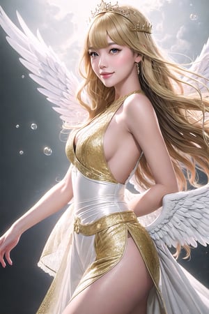 (Masterpiece, Best Quality:1.3), absurdres, (8k resolution), digital illustration, ((outline, thick lineart)), (faux traditional media:1.3), looking at viewer, heavenly queen, angel wings, white and gold, light theme, (standing), serious, tsurime, (mature female:1.2), adult, fighting stance, balancing, claws, metallic skin, soft skin, ((light smile)), (angelic, elegant:1.2), (solo), (backlighting), (detailed face, detailed eyes:1.2), fashion, stylish, pitch (blonde hair:1.3), (very long hair), reflection, long sidelocks, ((blunt bangs)), blue eyes, (shiny), ((cowboy shot)), (details:1.2), (depth of field), (beautiful face), high quality, ayami kojima:0.3, (extremely detailed), fantastic composition, (highly defloating hair,blootailed), psychedelic, graphite \(medium\), white background, floating particles, cloud print, cloud, bloom:0.4,FFIXBG