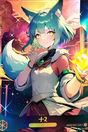 (Masterpiece, best quality:1.4), insaneres, top quality, 8k resolution, (card_(/medium):1.4), holofoil, solo, upper body, (aura, outer glow:1.1),  white hair, wind, short hair, cute, jacket, fox girl, shirt, light smile, sunlight, hypnotic yellow eyes, glowing, bloom, nature, bloom, frilled jacket, skirt, facing viewer, 1girl,  green hair, gorgeous, looking at viewer, (deep depth of field:1.2), bracelet, floating, magical girl, (shiny:1.5), volumetric lighting,(shimmer,glitter:1.3),Fluffy,traditional media