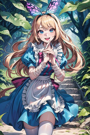 (Masterpiece), (highres), 8k, hyperdetailed, deep depth of field, motion blur, 0kazu, unique character concept, hyperrealistc, stunning artwork, finely crafted, alice in wonderland, diamond print thighhighs, clenched hands, diamond_(shape), sparkle, dreamy, cowboy shot, extremely detailed background. hypnotizing pink eyes, blonde hair, very long hair, butterfly hairband, blue dress. apron, bloomers, waist bow, finger bandages, fingernails, beautiful hands, girly running, blush, happy, smile, open mouth, retro artstyle, perfect female figure, garden, psychadelic, hair ornament, gorgeous, bloom, nature, shadow, nature, overgrown,  fantasy, outdoors, sunlight, day, scenery,1 girl, atmospheric,traditional media
