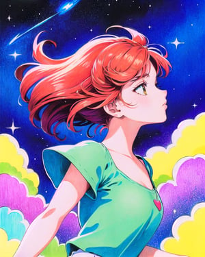 (Masterpiece, Best Quality), highres, (8k resolution), retro artstyle, 1980s \(style\), illustration, official art, (Traditional Media:1.2), ((2d)), Manga, (Ultra-detailed), 1girl, solo, beautiful, floating hair, perfect female figure, space, depth of field,sugar_rune