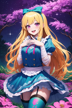 (Masterpiece), (insaneres), 8k, hyperdetailed, deep depth of field, motion blur, 0kazu, madgod, unique character concept, hyperrealistc, stunning artwork, finely crafted, alice in wonderland, diamond print thighhighs, diamond_(shape), hands behind back, sparkle, fashion pose, sexy, dreamy, cowboy shot, extremely detailed background. hypnotizing pink eyes, blonde hair, very long hair, butterfly hairband, blue dress. apron, bloomers, waist bow, finger bandages, fingernails, beautiful hands, girly running, blush, happy, smile, open mouth, retro artstyle, perfect female figure, garden, psychadelic, hair ornament, gorgeous, bloom, nature, shadow, nature, overgrown,  fantasy, outdoors, sunlight, day, scenery,1 girl, atmospheric,traditional media