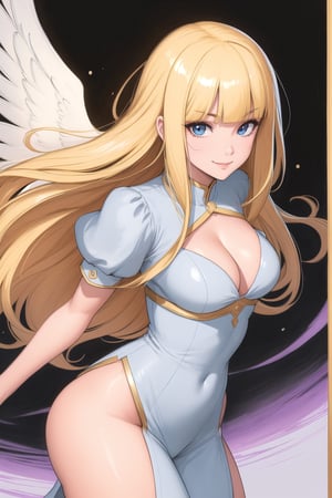 (Masterpiece, Best Quality:1.3), absurdres, (8k resolution), illustration, ((outline, thick lineart)), (faux traditional media:1.3), looking at viewer, heavenly queen, angel wings, white and gold, light theme, (standing), serious, tsurime, (mature female:1.2), adult, fighting stance, balancing, claws, metallic skin, soft skin, ((light smile)), (angelic, elegant:1.2), (solo), (backlighting), (detailed face, detailed eyes:1.2), fashion, stylish, pitch (blonde hair:1.3), (very long hair), reflection, long sidelocks, ((blunt bangs)), blue eyes, (shiny), ((cowboy shot)), (details:1.2), (depth of field), (beautiful face), high quality, ayami kojima:0.3, (extremely detailed), fantastic composition, (highly defloating hair,blootailed), psychedelic, graphite \(medium\), white background, cloud print, cloud, bloom:0.4