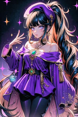 (Masterpiece, Best Quality:1.3), insaneres, (8k resolution), (centered), digital illustration, (outline, thick lineart), glowing, bloom, shadow, (faux traditional media:1.2), glitter, (long face:1.2), nose, long bangs, blunt bangs, two-tone-hair,(open clothes:1.2), jacket, off shoulder, purple eyes, jewelry,  looking at viewer, large breasts, (multicolored theme:1.3), shirt print, shirt, capri pants, giggling, (shiny:1.1), studio lighting, cinematic, cover page, colored skin, beckoning, original, official artwork, dark skin, finely detailed face, detailed eyes, perfect, (very long hair, low ponytail:1.3), beret, magical girl,sugar_rune,fodress,1 girl,sweetscape