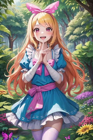 (Masterpiece), (insaneres), 8k, hyperdetailed, deep depth of field, motion blur, 0kazu, unique character concept, hyperrealistc, stunning artwork, finely crafted, alice in wonderland, diamond print thighhighs, clenched hands, diamond_(shape), hands behind back, sparkle, dreamy, cowboy shot, extremely detailed background. (perfect hands:1.1), hypnotizing pink eyes, blonde hair, very long hair, butterfly hairband, blue dress. apron, bloomers, waist bow, finger bandages, fingernails, beautiful hands, girly running, blush, happy, smile, open mouth, retro artstyle, perfect female figure, garden, psychadelic, hair ornament, gorgeous, bloom, nature, shadow, nature, overgrown,  fantasy, outdoors, sunlight, day, scenery,1 girl, atmospheric,traditional media