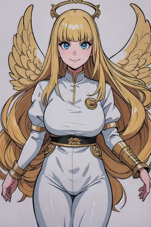 (Masterpiece, Best Quality:1.3), absurdres, (8k resolution), illustration, ((outline, thick lineart)), (faux traditional media:1.3), looking at viewer, heavenly queen, angel wings, white and gold, light theme, (standing), serious, tsurime, (mature female:1.2), adult, fighting stance, balancing, claws, metallic skin, soft skin, ((light smile)), (angelic, elegant:1.2), (solo), (backlighting), (detailed face, detailed eyes:1.2), fashion, stylish, pitch (blonde hair:1.3), (very long hair), reflection, long sidelocks, ((blunt bangs)), blue eyes, (shiny), ((cowboy shot)), (details:1.2), (depth of field), (beautiful face), high quality, ayami kojima:0.3, (extremely detailed), fantastic composition, (highly defloating hair,blootailed), psychedelic, graphite \(medium\), white background, cloud print, cloud, bloom:0.4