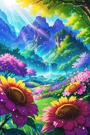 (Masterpiece,  Best Quality),  highres,  (8k resolution), digital illustration, official art,  Manga,  (Ultra-detailed), natural lighting, full background, beautiful, perfect, nature, scenery, garden, flower, flowers, magical landscape, floating particles, vivid, (fantasy:1.1), shimmer, (multicolored theme:1.3), shallow depth of field, perfect lighting, (day, sunlight, light theme, outdoors:1.3), windy, flying petals, tree