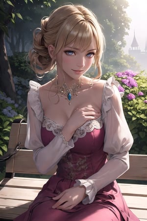 (8k, RAW photo, highest quality), (ultra-realistic RAW portrait photograph of Cara:1), photorealistic, (perfect lighting and composition:1), (high detail, 8K resolution:1), hdr, (shot on a Hasselblad camera:1),  princess, (pink dress:1.2), frills, a woman sitting on a bench in a garden, professional photograph, studio lighting, (minimal post-processing:0.2), (dynamic angle:1.2), (dynamic pose:1.2), pinup:0.3, Analog, ((Award Winning Photograph)), (hyper-realistic) (skin texture:1.2), upper body, delicate features, beautiful, elegant, regal, blonde hair, (detailed eyes, deep eyes:1.3), (hazel eyes:1.1), reflective eyes, lips, breasts, (perfect female figure:1.3), expressive, stylish, frill trim, (half updo,:1.4) long sleeves, medium breasts, (detailed shiny skin:1.3), lovely smile, low key, (highest quality), (best shadow), ,(bloom:0.7), (depth of field:1.1), (cinematic), (sharp focus:1.2), small details, fantasy, epic, (atmosphere), colorful, deep and vibrant colors, fantasy, wide shot, (gradients),cara