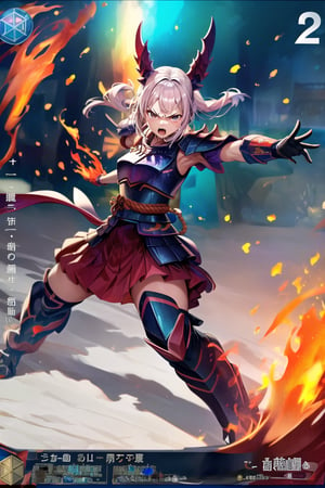 (Masterpiece, best quality:1.4), insaneres, top quality, 8k resolution, card_(/medium), holofoil, 1girl, (shiny:1.3), beautiful, warrior, fire, angry, open mouth, fighting stance, draconic armor, charging, looking at viewer, (stats:1.3), numbered, kanji, japanese text, motion blur, bokeh, deep depth of field