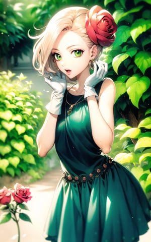 (Masterpiece, Best Quality:1.3), highres, 8k, highly detailed, 2d, (faux traditional media:1.3), manga, illustration, (mature female!.3), fantasy, thick lineart, outline, ((centered)), , sugar_rune, flower, cowboy shot, flower dress, solo, green eyes, polka dot, 1girl, sparkle, bush, open mouth, earrings, sleeveless, standing, gloves, overgrowth, hand on own face, (perfect hands), looking at viewer, outdoors, leaves, long hair, jewelry, white gloves, nature, doughnut hair bun, half updo, ((depth of field)), 85mm, hyperrealistic, film grain, colorful, (rose garden), shadow, (natural lighting:1.1), stylish, fashion, bloom