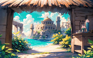 (Masterpiece, Best Quality:1.3), insaneres, 8k, highly detailed, top quality, ultra-detailed, 2d, (faux traditional media:1.3), manga, digital illustration, fantasy, thick lineart, outline, flower, (desert:1.3), gorgeous view, bamboo forest, zen, (paradise), greek, shimmer, overgrowth, blue sky, (cloud), volumetric lighting, fairytale, wonder, dreamy, outdoors, nature, greek architecture, (extremely detailed background:1.2), 85mm, hyperrealistic, film grain, colorful, ancient ruins, (shadow), blurry foreground, (intricate details), mystical, (natural lighting:1.1), cozy, bloom, (deep depth of field:1.3), (floating islands in the distrance)