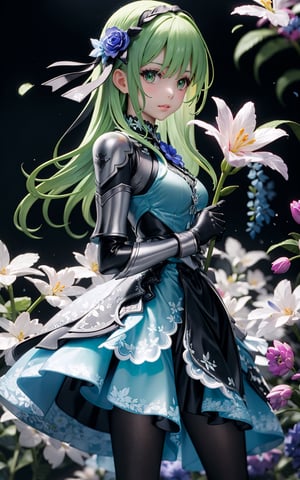 woman, flower dress, colorful, darl background,flower armor,green theme,exposure blend, medium shot, bokeh, (hdr:1.4), high contrast,