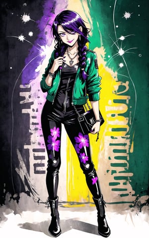 (Masterpiece), (highres), 8k, (traditional media:1.2), manga, digital illustration, 2d,  retro artstyle, (ultra-detailed portrait of a girl in a dress, stylish, purse, jewelry, floral print, beautiful, punk aesthetic, paint splatter, holding paint can, graffiti,grunge texture, single earring, cropped jacket, black nail polish, streaked hair, blending, glaring, evil smile, colorful, extremely detailed, detailed face, lipstick, dark green hair, purple eyes, hair between eyes, head down, looking at viewer, stylish, fashion, expressive, smirk, leather pants, zipper, smug,,mature female, tomboy, official alternate hairstyle, very long hair, (single braid:1.3), curly hair, cool, aged up,head tilt, looking at viewer, cowboy shot, fully clothed, (8k resolution),figurine, SILHOUETTE LIGHT PARTICLES