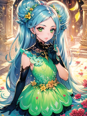 (Masterpiece, Best Quality:1.3), highres, 8k, highly detailed, 2d, (faux traditional media:1.3), manga, illustration, (mature female!.3), fantasy, thick lineart, outline, ((centered)), , sugar_rune, flower, cowboy shot, flower dress, solo, green eyes, polka dot, 1girl, sparkle, bush, eyes half closed,,closed mouth, earrings, sleeveless, standing, gloves, overgrowth, wariza, (perfect hands), looking at viewer, fairytale, wonder, dreamy, golden hour, outdoors, leaves, long hair, jewelry, white gloves, nature, doughnut hair bun, half updo, ((depth of field)), 85mm, hyperrealistic, film grain, colorful, lipstick, (very long hair), (rose garden), shadow, blurry foreground, path, (intricate details), mystical, (natural lighting:1.1), long face, (jmature female:1.3), stylish, fashion, bloom, (deep depth of field),coralinefilm