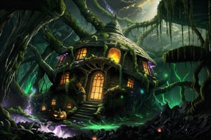 (Masterpiece, Best Quality), highres, (8k resolution wallpaper), (embers), witch hut, overgrown, vines, tree, enchanted forest, looking at viewer, (shiny:1.3), reflection, dynamic perspective, spiral staircase, surreal, (Fantasy), dutch angle, monster, soldier, glowing, cloud, full background, , wide shot, fantasy, landscape, beautiful,  outdoors, (details:1.2), water, (no humans:1.2), sky, cloud, halloween, (isolated, ominous:1.1), nature, (scenery), caustics, sharp focus, shadow, (deep depth of field:1.3), (science fiction:1.1), (glowing lines), (motion blur:1.1), (volumetric lighting:1.3), sunlight, day, extremely detailed background, fantastic, mysterious,full background,coralinefilm,madgod,stop motion,LODBG,BiophyllTech
