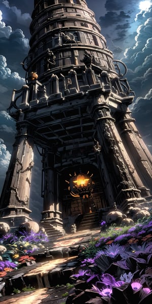 (Masterpiece, Best Quality), highres, (8k resolution wallpaper), dynamic perspective, spiral staircase, tower, surreal, (Fantasy), dutch angle, monster, soldier, glowing, cloud, full background, , wide shot, fantasy, landscape, beautiful,  outdoors, (details:1.2), water, (no humans:1.2), sky, cloud, halloween, town, autumn, nature, flowers, caustics, sharp focus, shadow, (deep depth of field:1.3), (science fiction:1.1), character design is filled with intricate details, insanely detailed, epic, glowing lines, (motion blur:1.1), (volumetric lighting:1.3), sunlight, day, extremely detailed background, fantastic, ancient ruins, mysterious, whimsical atmosphere, full background,coralinefilm,madgod,hydrotech,stop motion,ff14bg,ff8bg