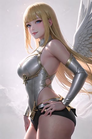 (Masterpiece, Best Quality:1.3), absurdres, (8k resolution), illustration, ((outline, thick lineart)), (faux traditional media:1.3), looking at viewer, heavenly queen, angel wings, white and gold, light theme, (standing), serious, tsurime, (mature female:1.2), adult, fighting stance, balancing, claws, metallic skin, soft skin, ((light smile)), (angelic, elegant:1.2), (solo), (backlighting), (detailed face, detailed eyes:1.2), fashion, stylish, pitch (blonde hair:1.3), (very long hair), reflection, long sidelocks, ((blunt bangs)), blue eyes, (shiny), ((cowboy shot)), (details:1.2), (depth of field), (beautiful face), high quality, ayami kojima:0.3, (extremely detailed), fantastic composition, (highly defloating hair,blootailed), psychedelic, graphite \(medium\), white background, floating particles, cloud print, cloud, bloom:0.4,FFIXBG