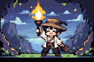 (masterpiece, best quality), digital illustration, volumetric lighting, 2d, anime visual, pixel art, cave raider, brown hat, indiana jones cosplay, rope, (cave:1.3), looking ahead, arm up, volumetric lighting, underground, atmosphere, deep depth of field, thick lineart, chibi, laughing,nintendo, 8k,outdoors, sky, day, cloud,  blue sky, cover page, 1boy, holding torch, dark, (night:1.3), shirt, jacket, boots, unique character design, rock, grass, more detail XL,madgod,stop motion, peaceful, shiny,pixel style,sticker