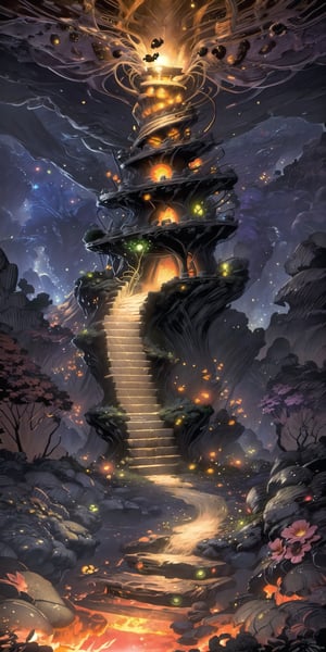 (Masterpiece, Best Quality), highres, (8k resolution wallpaper), dynamic perspective, spiral staircase, surreal, (Fantasy), dutch angle, monster, soldier, glowing, cloud, full background, , wide shot, fantasy, landscape, beautiful,  outdoors, (details:1.2), water, (no humans:1.2), sky, cloud, halloween, town, autumn, nature, flowers, caustics, sharp focus, shadow, (deep depth of field:1.3), (science fiction:1.1), (glowing lines), (motion blur:1.1), (volumetric lighting:1.3), sunlight, day, extremely detailed background, fantastic, mysterious,full background,coralinefilm,madgod,stop motion,LODBG