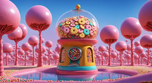 (Masterpiece, best quality:1.3), highly detailed, fantasy, 8k, sweetscape,dynamic, cinematic, ultra-detailed, sweets, fantasy, gorgeous, digital illustration, beautiful composition, oversized gumball machine, intricate details, highly detailed, volumetric lighting, (sugar:1.2), dramatic lighting, beautiful, dripping, sparkle, glitter, vivid, vibrant colors, muted colors, glowing, (see-through, transparent), lollipop tree, jammy dodgers, cookie, pink grass, chocolate hills, milk river, honey, syrup, sprinkles, pastel colors, water, (no humans), shimmer, (glaze), drizzle, beautiful, (shiny:1.2), various colors, bloom:0.4, extremely detailed, gradients),more detail XL,Movie Still