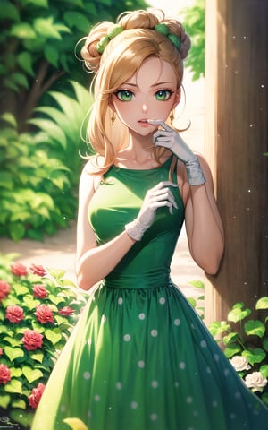 (Masterpiece, Best Quality:1.3), highres, 8k, highly detailed, 2d, (faux traditional media:1.3), manga, illustration, (mature female!.3), fantasy, thick lineart, outline, ((centered)), , sugar_rune, flower, cowboy shot, flower dress, solo, green eyes, polka dot, 1girl, sparkle, bush, open mouth, earrings, sleeveless, standing, gloves, overgrowth, hand on own face, (perfect hands), looking at viewer, dreamy, golden hour, outdoors, leaves, long hair, jewelry, white gloves, nature, doughnut hair bun, half updo, ((depth of field)), 85mm, hyperrealistic, film grain, colorful, (rose garden), shadow, (natural lighting:1.1), stylish, fashion, bloom