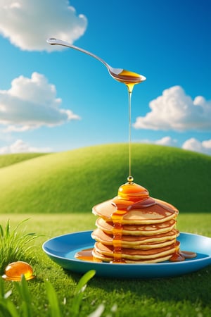 (masterpiece, best quality), digital illustration, volumetric lighting, outdoors, food, sky, day, cloud,  blue sky, no humans, depth of field, grass, food focus, pancake, honey, syrup,sweetscape