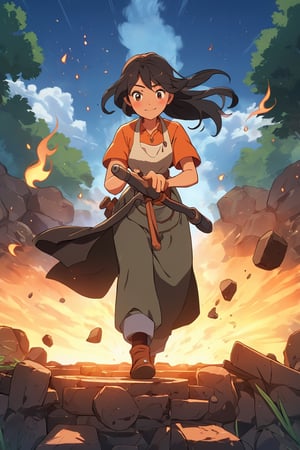 (masterpiece, best quality), digital illustration, volumetric lighting, faux traditional media,  2d, anime visual, thick lineart, 8k indoors, workshop, blacksmith, very long hair, braided hair, black hair, (mid shot, upper body), focus, smile, harmony, volumetric lighting, dreamy, motion blur, holding hammer, smelting, glowing, heat, steam, sweat, 1girl, sidelocks, bangs, fantasy, hair ornament, (working:1.2), full lips, apron, white shirt, rolled up sleeves, pants, standing, fully nature, tree, grass, clothed, cowboy shot, feet out of frame, solo, outdoors, unique character design, mature female, (outline), light blush, (motion blur), (dynamic line of action:1.1), (deep depth of field), full background, peaceful, sunset, smoke, stone, wood, (extremely detailed, from side, looking down, (focused), intricate details:1.3), dark-skinned female, hyperrealistic, photoreal, detailed face, detailed eyes, serene, shiny, cl4mp,more detail XL,cl4mp,c0raline_style,r0b0cap