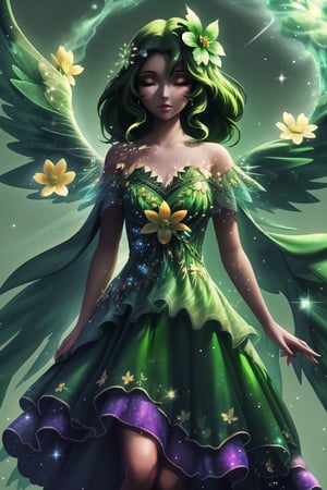 (Masterpiece, best quality:1.4), insaneres, top quality, 8k resolution, w1ndam, 1girl, leaf dress, nature, green nail polish, magical girl, henshin, (wind, magic:1.4), casting spell, glowing, bloom, solo, aura, outer glow, beak, forehead jewel, yellow sclera, glowing, bloom, sky, facing viewer, flapping wings, multiple wings, feathered wings, green theme, looking at viewer, green hair, wavy hair, very long hair, from side, floating, (deep depth of field:1.2), volumetric lighting, , blurry foreground, blurry background, tilt-shift, (glowing particles:1.4), dynamic, volumetric lighting, stunning artwork,saba_styl3