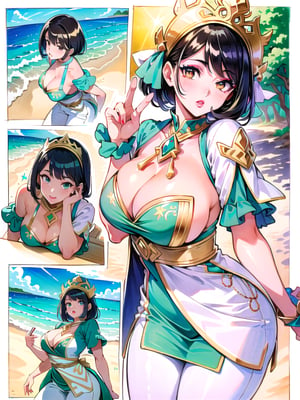 (masterpiece, best quality:1.1), highres, best illustration, (Traditional Media:1.2), Manga, 1980s \(style\), an adult woman dressed in a stylish cosplay outfit, fantasy,,official art, concept art,  2d, solo, (retro artstyle), (ultra-detailed), (best quality, highest quality), (ultra detailed), (8k, 4k, intricate), (Cowboy-shot:1.2), full body view, (50mm), (highly detailed:1.2), (detailed face:1.2), (outline), upper body,  aged up, (mature female:1.3), mosnter girl], halloween, beautiful, (dynamic_angle:1.2), (dynamic_pose:1.2), pitch black hair, alternate hairstyle, orange eyes,(detailed deep eyes, medium breasts, (best shadow),( lips, curvy, makeup, glossy lipstick, official alternate costume, pants, sheer, textured, patterned, (gold embroidered clothes), light sparkles, particles, eye reflection, (scenery), enchanted forest, nature, detailed ocean waves on a sandy beach, turquoise and green, reflective water, inverted reflection, glistening, pose, outdoor, sunlight ,caustics, (colorful, pastel colors) , fairytale