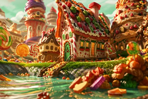 Score_9, Score_8_up, Score_7_up, (masterpiece, best quality), (insaneres), 8k resolution wallpaper, hyperdetailed, 2d, cartoon, sweetscape, full background, fantasy, winding path, (house made of candy:1.3), sugar, shiny, rainbow terrain, candy, (choloate:1.3), oversized truffle, smooth, round roof, rounded corners, dripping, oversized cake, cake, smarties, spiral tree, purple grass, (green water:1.4), (deep depth of field), sunset, glaze, sugar, glitter, volumetric lighting,  (Extremely detailed, intricate details)