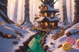 vivid, top quality, 8k, (masterpiece, best quality:1.4), digital illustration, cg unity wallpaper, (panoramic view), graphite (medium)., candyland, fantasy, full background, fantastic composition, (intricate details), candy, forest, candy forest, twisted tree, oversized tree, atmosphere, misty, whipped cream, striped, (deep depth of field), tilt shift, scenery, LODBG, sharp focus, chocolate bar, dirt, delicious, glaze, galaxy print, honey, water fall
