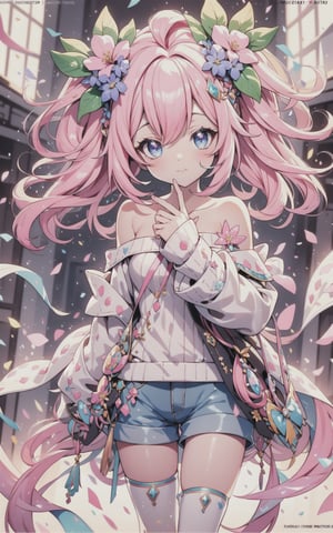 faux traditional media, mature female, beautiful,  anime visual,  (magazine cover:1.2), ultra-detailed shot of a princess, beautiful, pink hair, flower hair ornament, polka dot,1girl, avatar icon, game character concept, jrpg, 800mm lens, off shoulder, hoodie, ribbed sweater, sharp focus, depth of field, volumetric lighting, ((stylish, vintage)), (pinup:0.5), (shorts:1.2), studio lighting, (asymmetrical legwear),1 girl,Kawaii Figurines Style