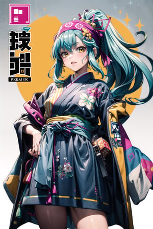 (masterpiece, best quality:1.3), 8k resolution, digital illustration, cover page, gradient, faux traditional media, thick lineart, hirom1tsu, color coordination, bold lineart, 2d, striped print, geometric print, cube, long hair, ponytail, transparent,bandana,hakama,  fighting stance, turning,hair ornament, cowboy shot, shirt,vivid, colorful, haori, (fully clothed:1.3),coat ,eugene_volkan