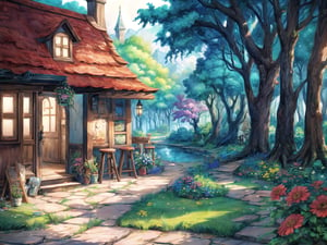 (Masterpiece, Best Quality:1.3), insaneres, top quality, (8k resolution wallpaper), (extremely detailed), 2d, (faux traditional media), manga, illustration, (fantasy), thick lineart, outline, sugar_rune, animal, personification, flower, bar, stool, (no humans), overgrowth, (small details:1.2), fairytale, wonder, dreamy, outdoors, leaves, (nature), (deep depth of field), 85mm, hyperrealistic, film grain, miniature, (garden, valley, river, brook), fantasy realm, shadow, blurry foreground, path, seaside, beautiful, fantastic landscape, (intricate details), mystical, (natural lighting:1.1), country cottage, cozy, min waterfall, bloom, (smooth, rounded corners), white vignetting, (volumetric lighting:1.3), best shadow,ISO_SHOP