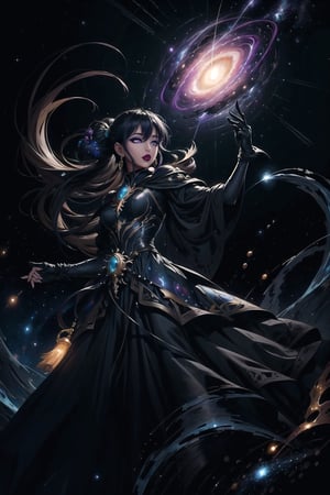 (masterpiece, best quality:1.3), top quality, digital illustration, (2d:1.3), lineart, anime visual, 8k, faux traditional media, extremely detailed, 1girl falling into a vortex, hair between eyes, bangs, melancholy, vivid, various colors, low ponytail, very long hair, jewelry, purse, galaxy print, glowing lines, bokeh, zero gravity, powerful, atmospheric, motion blur, particles, gown, bloom, glowing, (deep depth of field), dynamic scene, dynamic pose, detailed face, detailed eyes, black hair, lightning, energy, outline, dark, black background, fantasy, science fiction, space, galaxy,portrait,(wrenchfaeflare)