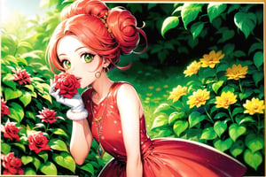 (Masterpiece, Best Quality:1.3), highres, 8k, highly detailed, 2d, (faux traditional media:1.3), manga, illustration, (mature female!.3), fantasy, thick lineart, outline, ((centered)), , sugar_rune, flower, cowboy shot, flower dress, solo, green eyes, polka dot, 1girl, sparkle, bush, open mouth, earrings, sleeveless, standing, gloves, overgrowth, hand on own face, (perfect hands), looking at viewer, fairytale, wonder, dreamy, golden hour, outdoors, leaves, long hair, jewelry, white gloves, nature, doughnut hair bun, half updo, ((depth of field)), 85mm, hyperrealistic, film grain, colorful, (rose garden), shadow, (natural lighting:1.1), stylish, fashion, bloom, (deep depth of field)