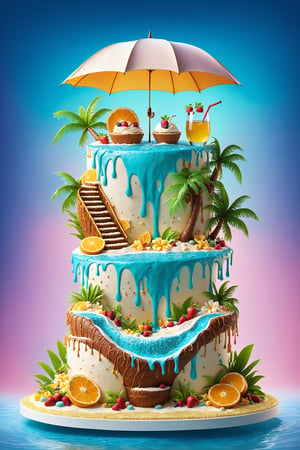 (Masterpiece, best quality:1.3), highly detailed, fantasy, 8k, sweetscape,dynamic, cinematic, ultra-detailed, sweets,(syrup),  fantasy, gorgeous, digital illustration, beautiful composition, intricate details, highly detailed, volumetric lighting, tropical cake, wave, ocean, (piping), miniature scale cocktail drink, sugar, natural lighting, beautiful, dripping, glitter, simple background, palm tree, umbrella, miniature scale beach party, table, beach chair, tiki bar, pool, (glowing), (glowing cake), (water, splashing, splash), (see-through, transparent cake), (no humans), shimmer, (glaze), drizzle, beautiful, (shiny:1.2), various colors, bloom:0.4, extremely detailed, gradients),more detail XL