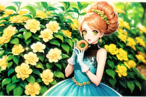 (Masterpiece, Best Quality:1.3), highres, 8k, highly detailed, 2d, (faux traditional media:1.3), manga, illustration, (mature female!.3), fantasy, thick lineart, outline, ((centered)), , sugar_rune, flower, cowboy shot, flower dress, solo, green eyes, polka dot, 1girl, sparkle, bush, open mouth, earrings, sleeveless, standing, gloves, overgrowth, hand on own face, (perfect hands), looking at viewer, fairytale, wonder, dreamy, golden hour, outdoors, leaves, long hair, jewelry, white gloves, nature, doughnut hair bun, half updo, ((depth of field)), 85mm, hyperrealistic, film grain, colorful, (rose garden), shadow, (natural lighting:1.1), long face, (jmature female:1.3), stylish, fashion, bloom, (deep depth of field)