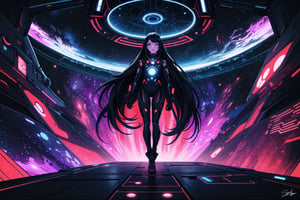 Masterpiece of a woman aged up, standing on the edge of a futuristic space station's round window. Her long black hair flows in motion blur behind her, with a single braid framing her hyperrealistic features. Her eyes hypnotize with an otherworldly red glow, as she looks ahead with half-closed lids and parted lips. She wears a spacesuit, with a spaceship docked in the background against a psychedelic galaxy backdrop. The atmosphere is dreamy, with a sense of darkness and shadow. The lighting is dim, but her stunning artwork shines like a beacon, perfectly capturing the essence of this unique character concept, traditional media, saba_styl3, retro artstyle